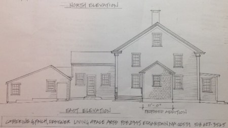 Cat's drawing of the new extension, center of the main house, with porch to the left